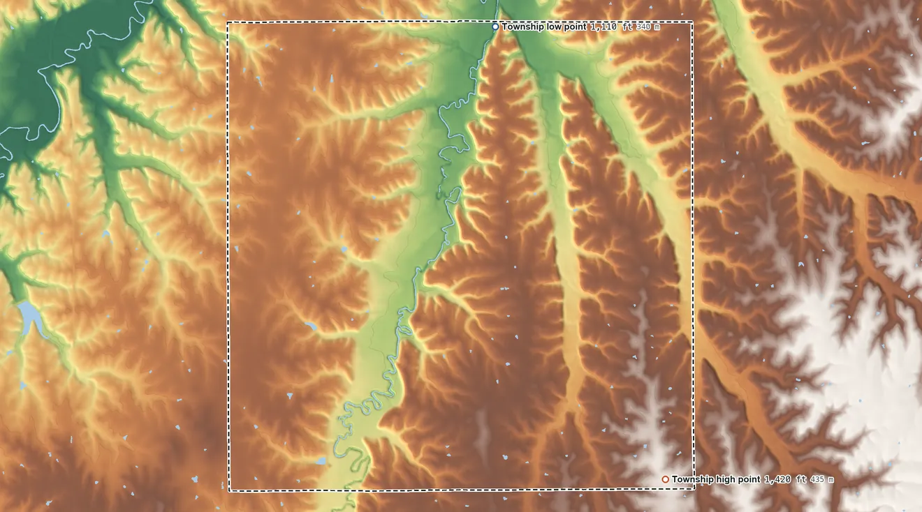 Topographic elevation map of Blakely Township, Kansas, shaded from 1,110 ft on the northeast side to 1,420 ft on the southeast side