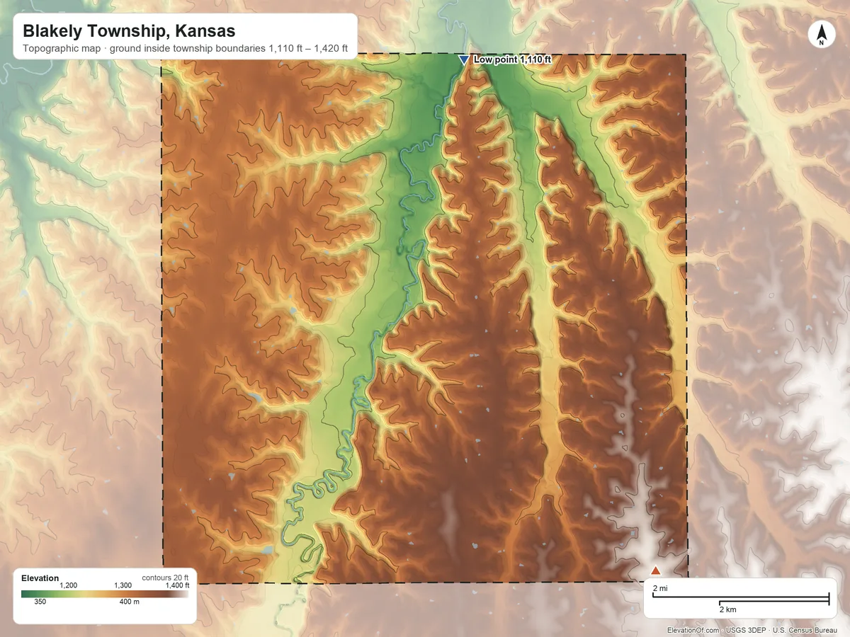 Topographic elevation map of Blakely Township, Kansas, shaded from 1,110 ft on the northeast side to 1,420 ft on the southeast side