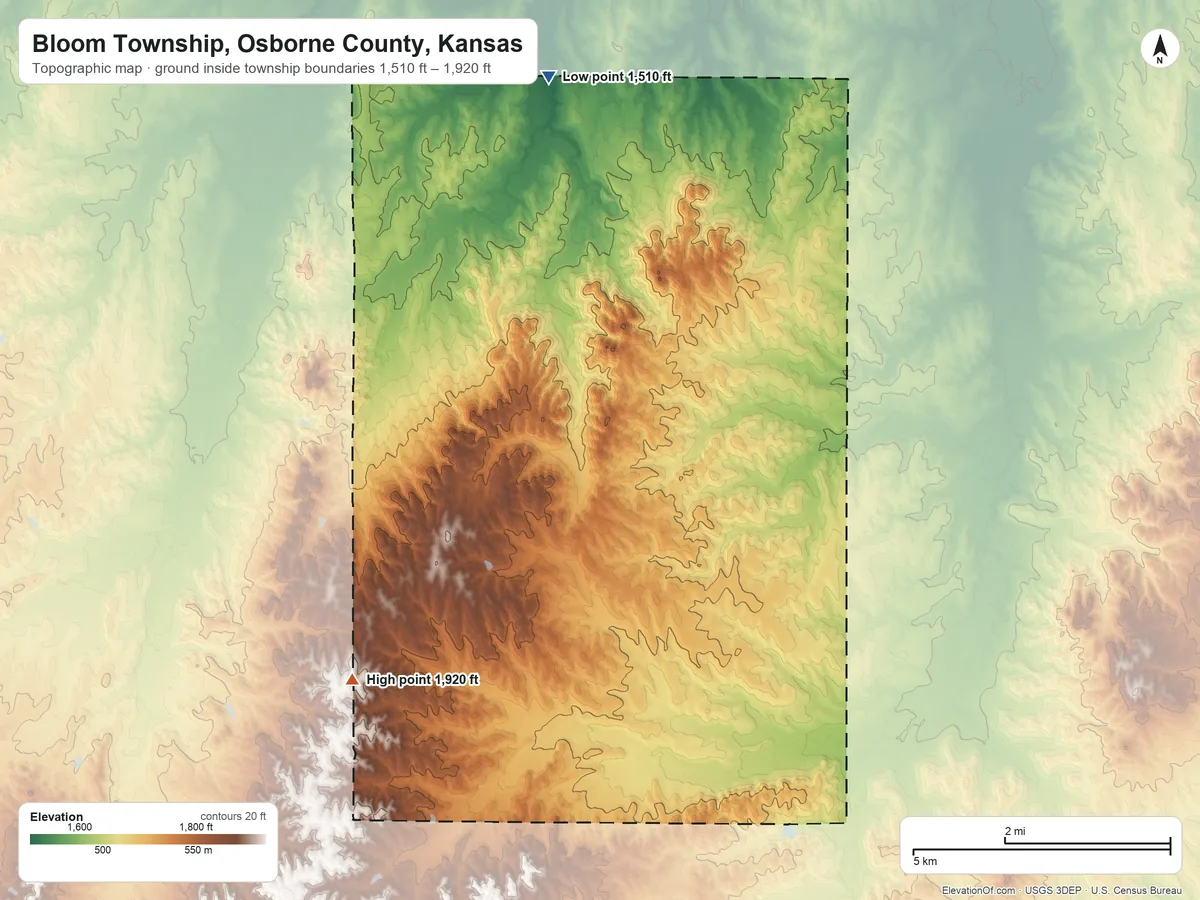 Topographic elevation map of Bloom Township, Osborne County, Kansas, shaded from 1,510 ft on the north side to 1,920 ft on the southwest side