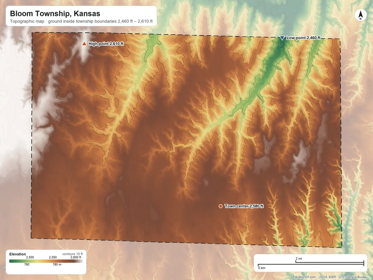 Topographic elevation map of Bloom Township, Kansas, shaded from 2,460 ft on the north side to 2,610 ft on the northwest side