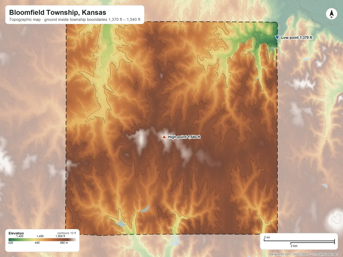 Topographic elevation map of Bloomfield Township, Kansas, shaded from 1,370 ft on the east side to 1,540 ft on the south side