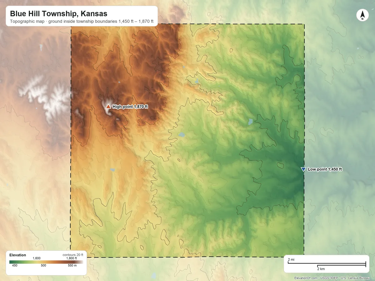 Topographic elevation map of Blue Hill Township, Kansas, shaded from 1,450 ft on the east side to 1,870 ft on the north side