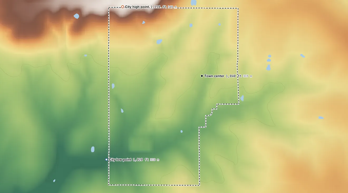 Topographic elevation map of Blue Mound, Kansas, shaded from 1,020 ft on the southwest side to 1,110 ft on the northwest side