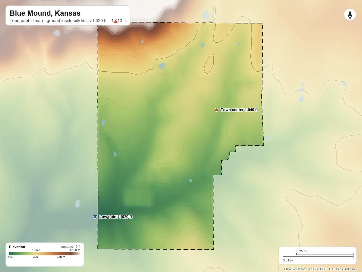 Topographic elevation map of Blue Mound, Kansas, shaded from 1,020 ft on the southwest side to 1,110 ft on the northwest side