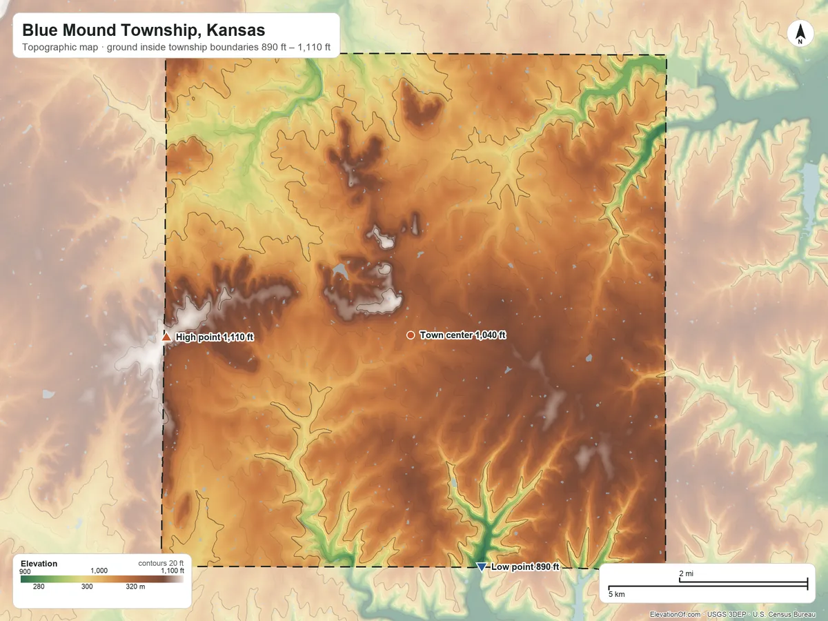 Topographic elevation map of Blue Mound Township, Kansas, shaded from 890 ft on the south side to 1,110 ft on the west side