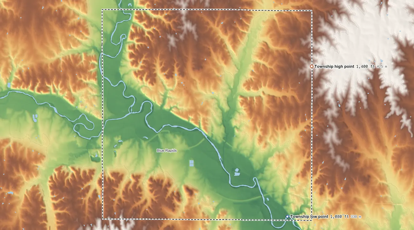 Topographic elevation map of Blue Rapids City Township, Kansas, shaded from 1,080 ft on the southeast side to 1,400 ft on the northeast side