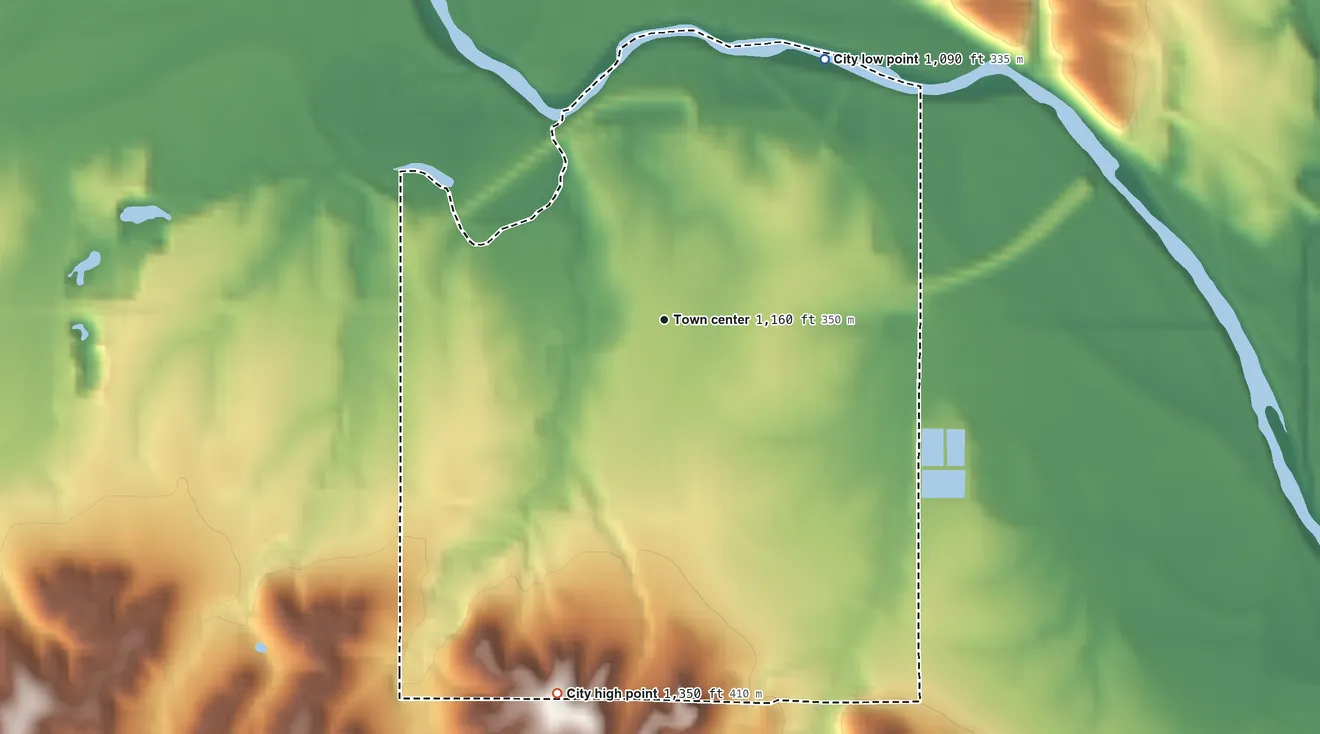 Topographic elevation map of Blue Rapids, Kansas, shaded from 1,090 ft on the northeast side to 1,350 ft on the south side