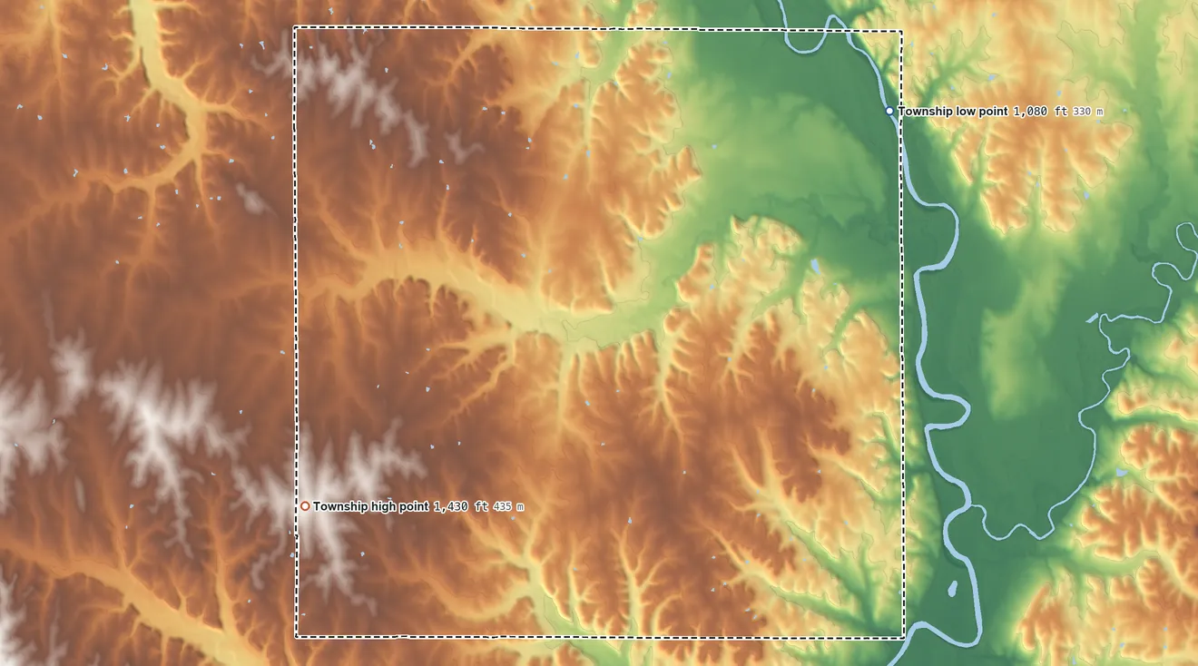 Topographic elevation map of Blue Rapids Township, Kansas, shaded from 1,080 ft on the east side to 1,430 ft on the southwest side