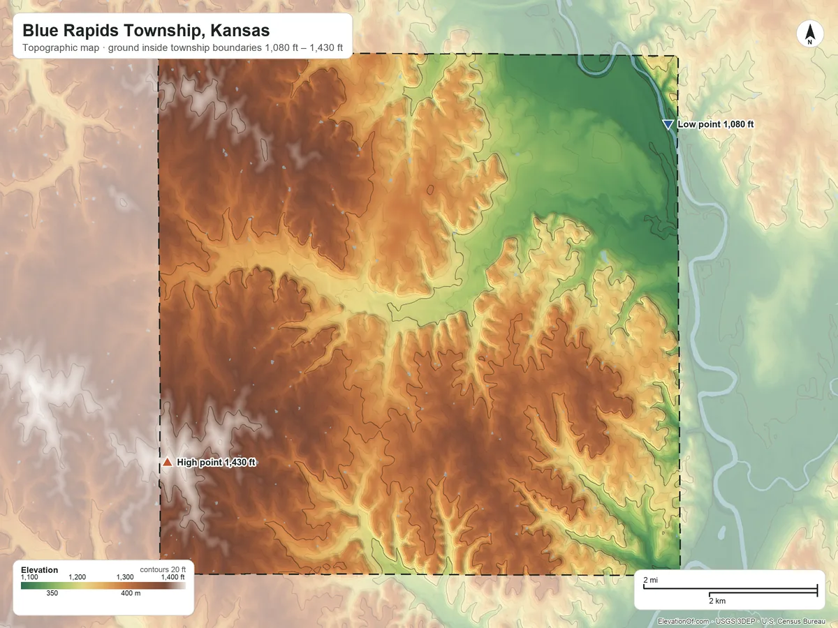 Topographic elevation map of Blue Rapids Township, Kansas, shaded from 1,080 ft on the east side to 1,430 ft on the southwest side