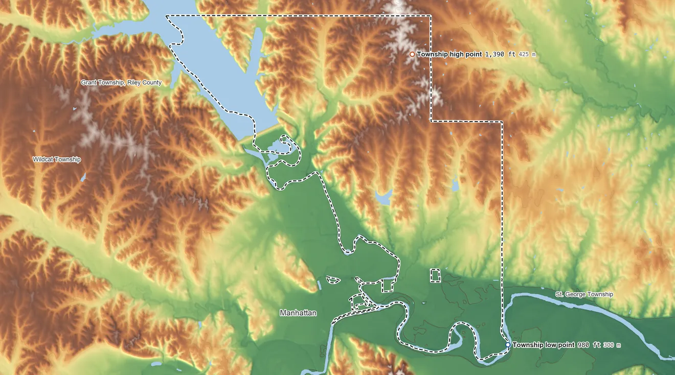 Topographic elevation map of Blue Township, Kansas, shaded from 980 ft on the southeast side to 1,390 ft on the north side