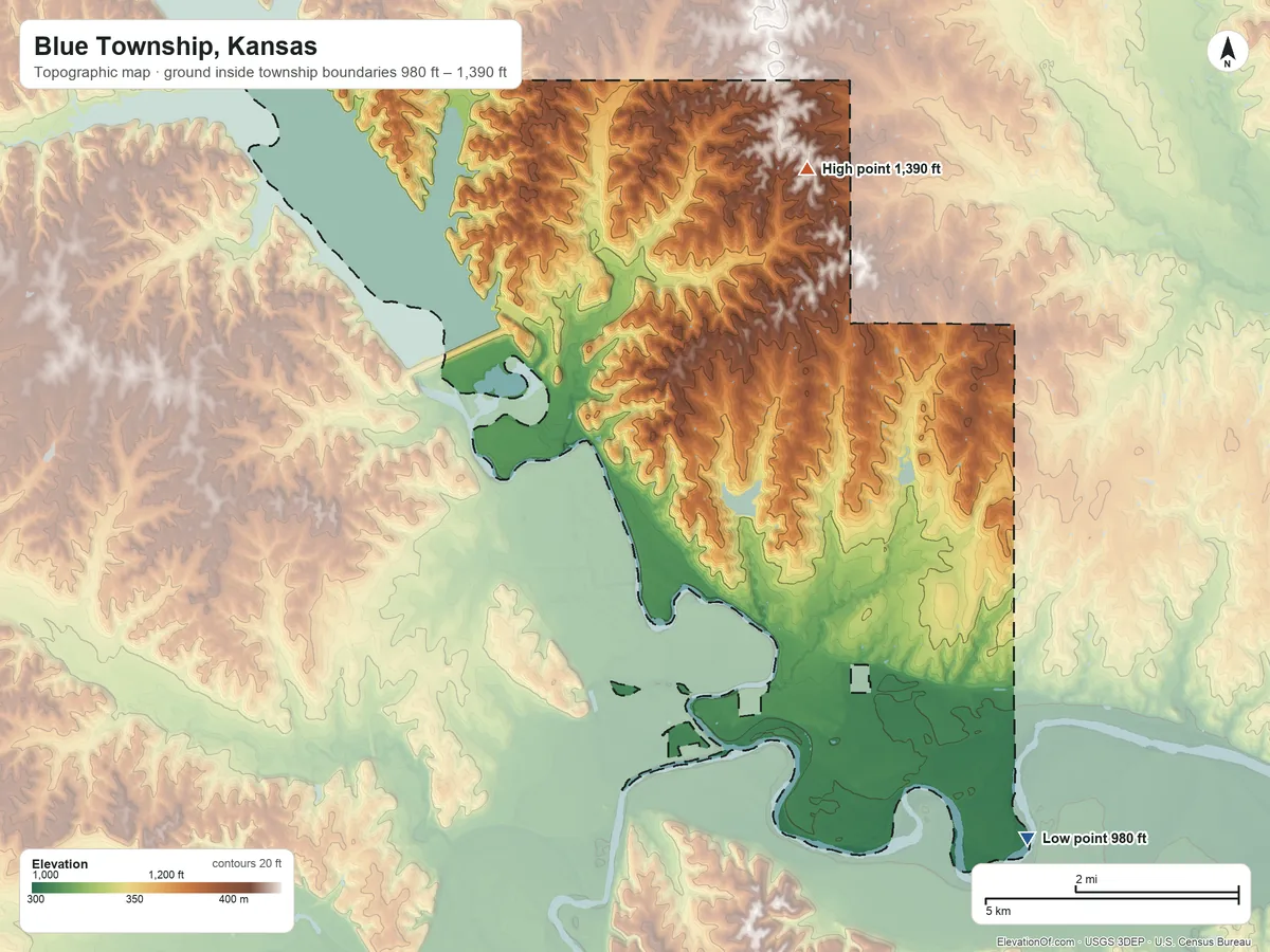 Topographic elevation map of Blue Township, Kansas, shaded from 980 ft on the southeast side to 1,390 ft on the north side