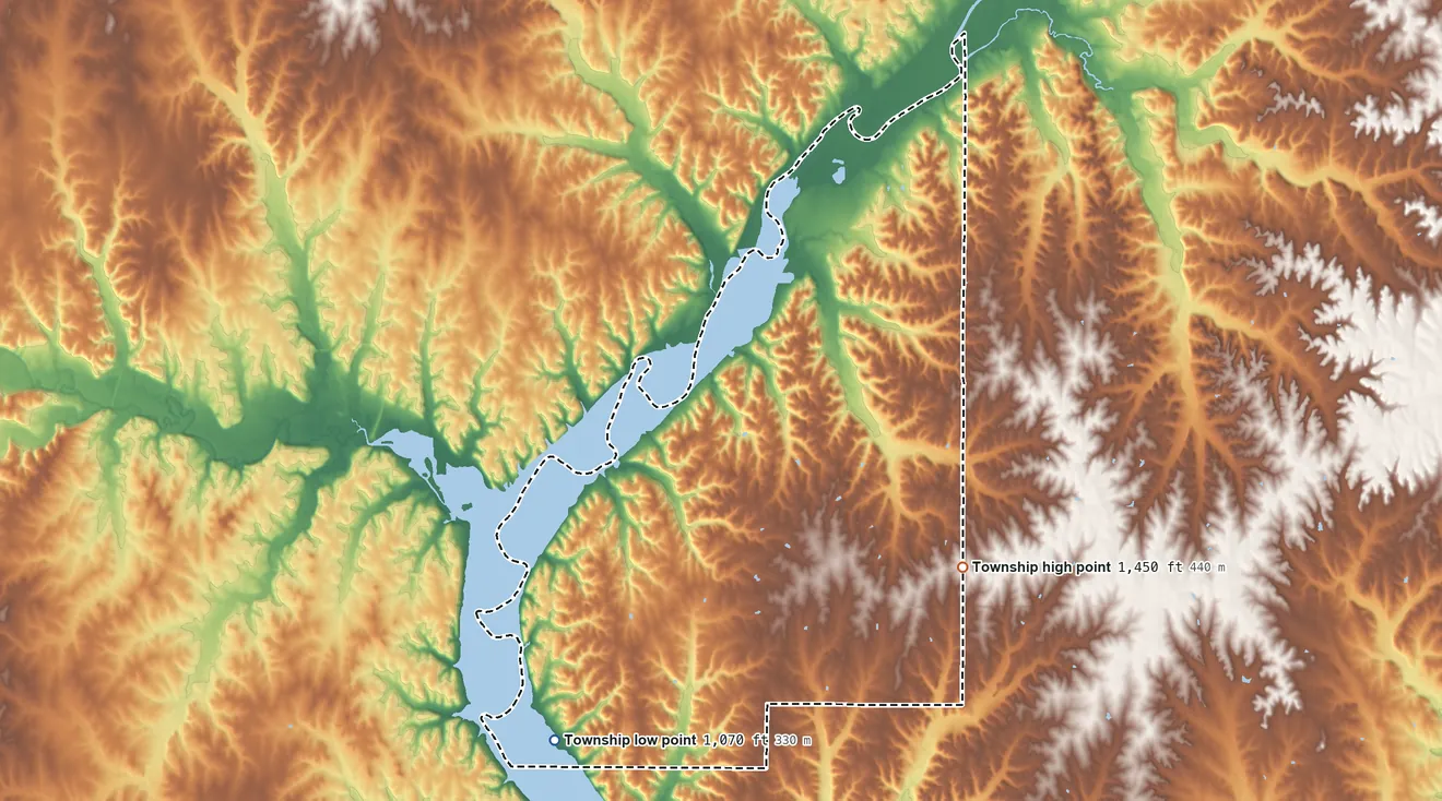 Topographic elevation map of Blue Valley Township, Kansas, shaded from 1,070 ft on the southwest side to 1,450 ft on the east side
