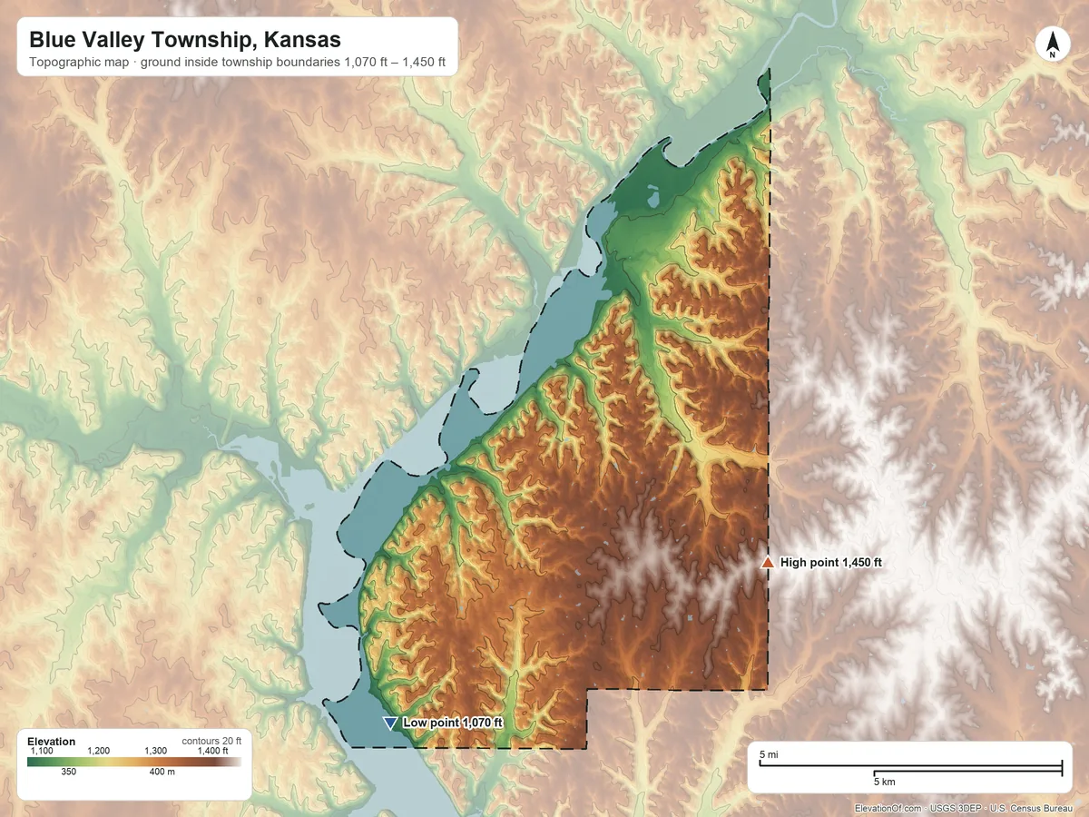 Topographic elevation map of Blue Valley Township, Kansas, shaded from 1,070 ft on the southwest side to 1,450 ft on the east side