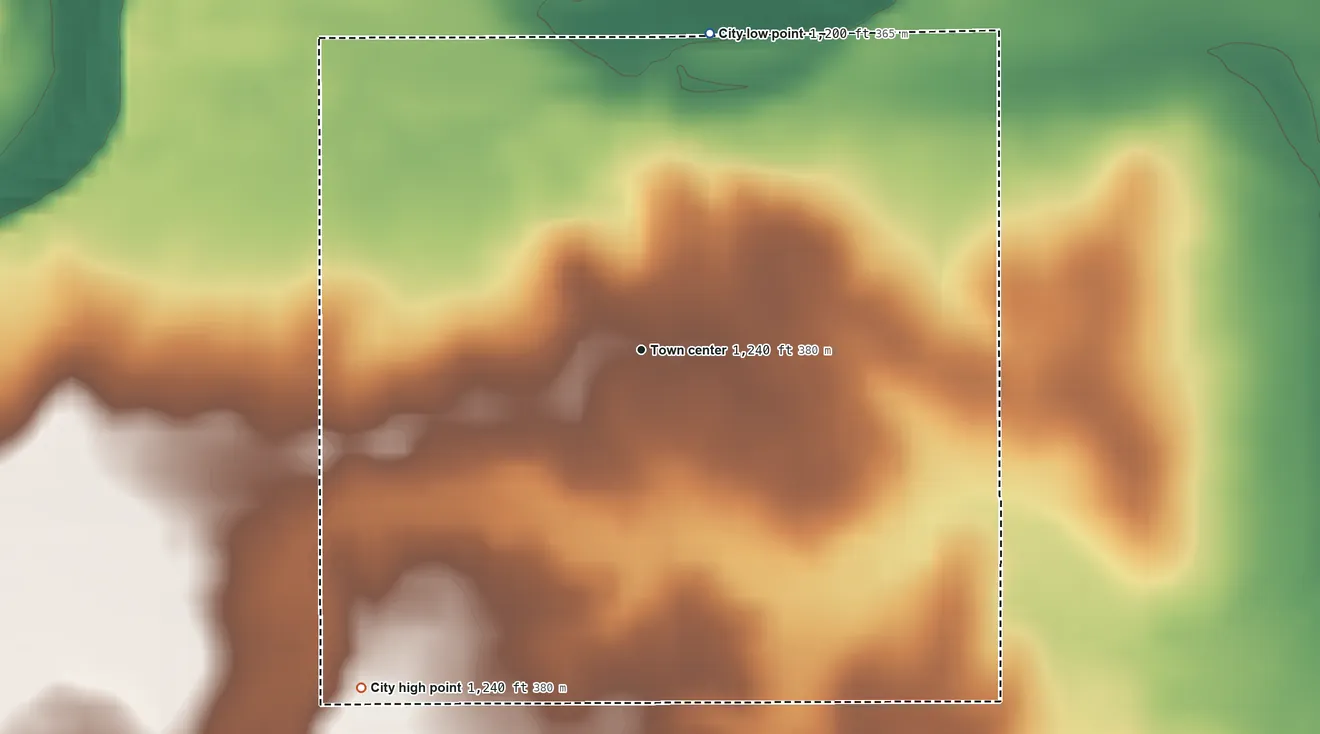 Topographic elevation map of Bluff City, Kansas, shaded from 1,200 ft on the north side to 1,240 ft on the southwest side