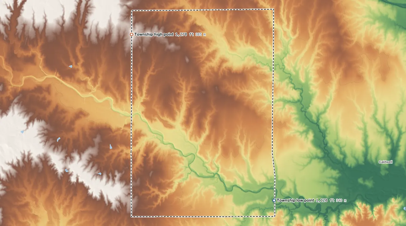 Topographic elevation map of Bluff Township, Kansas, shaded from 1,120 ft on the southeast side to 1,270 ft on the northwest side