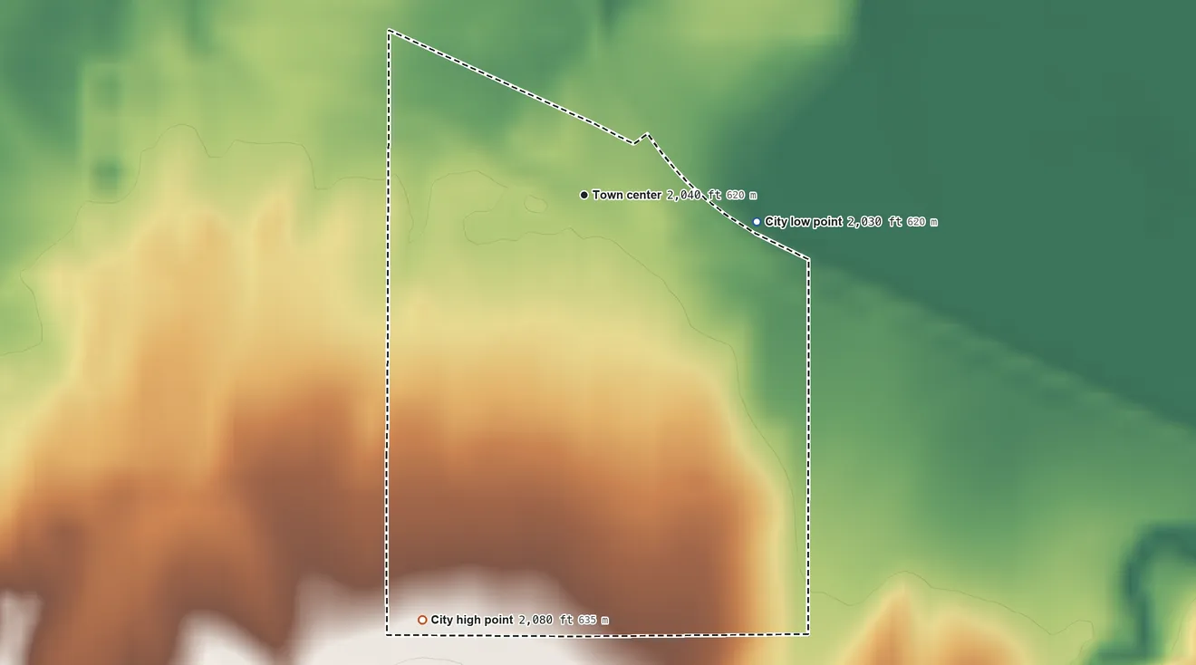 Topographic elevation map of Bogue, Kansas, shaded from 2,030 ft on the east side to 2,080 ft on the south side