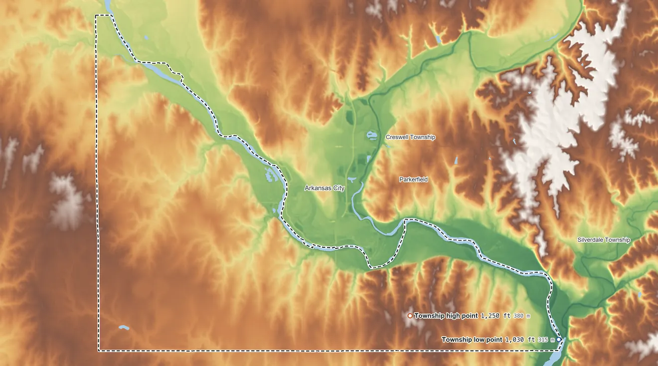 Topographic elevation map of Bolton Township, Kansas, shaded from 1,030 ft on the east side to 1,250 ft on the southeast side
