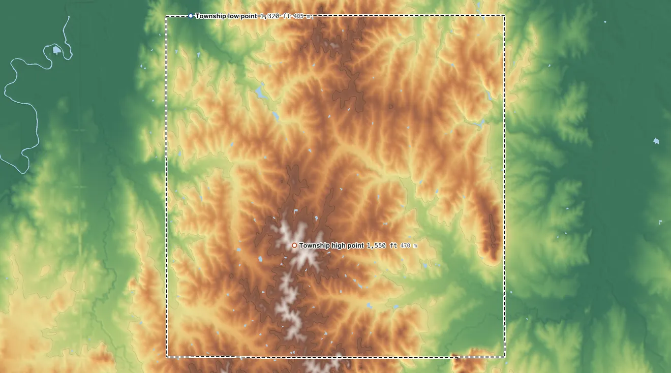 Topographic elevation map of Bonaville Township, Kansas, shaded from 1,320 ft on the northwest side to 1,550 ft on the northwest side