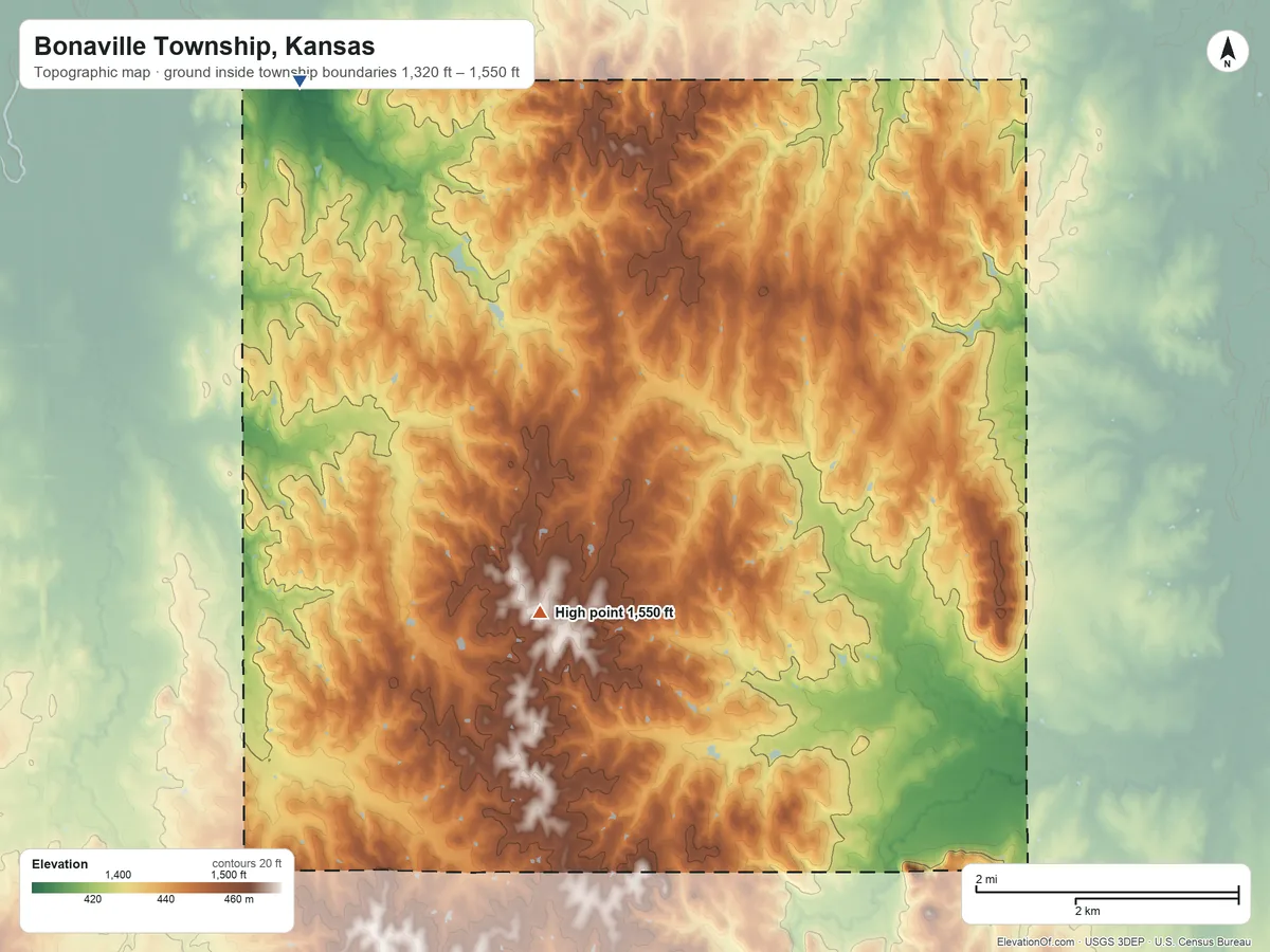 Topographic elevation map of Bonaville Township, Kansas, shaded from 1,320 ft on the northwest side to 1,550 ft on the northwest side