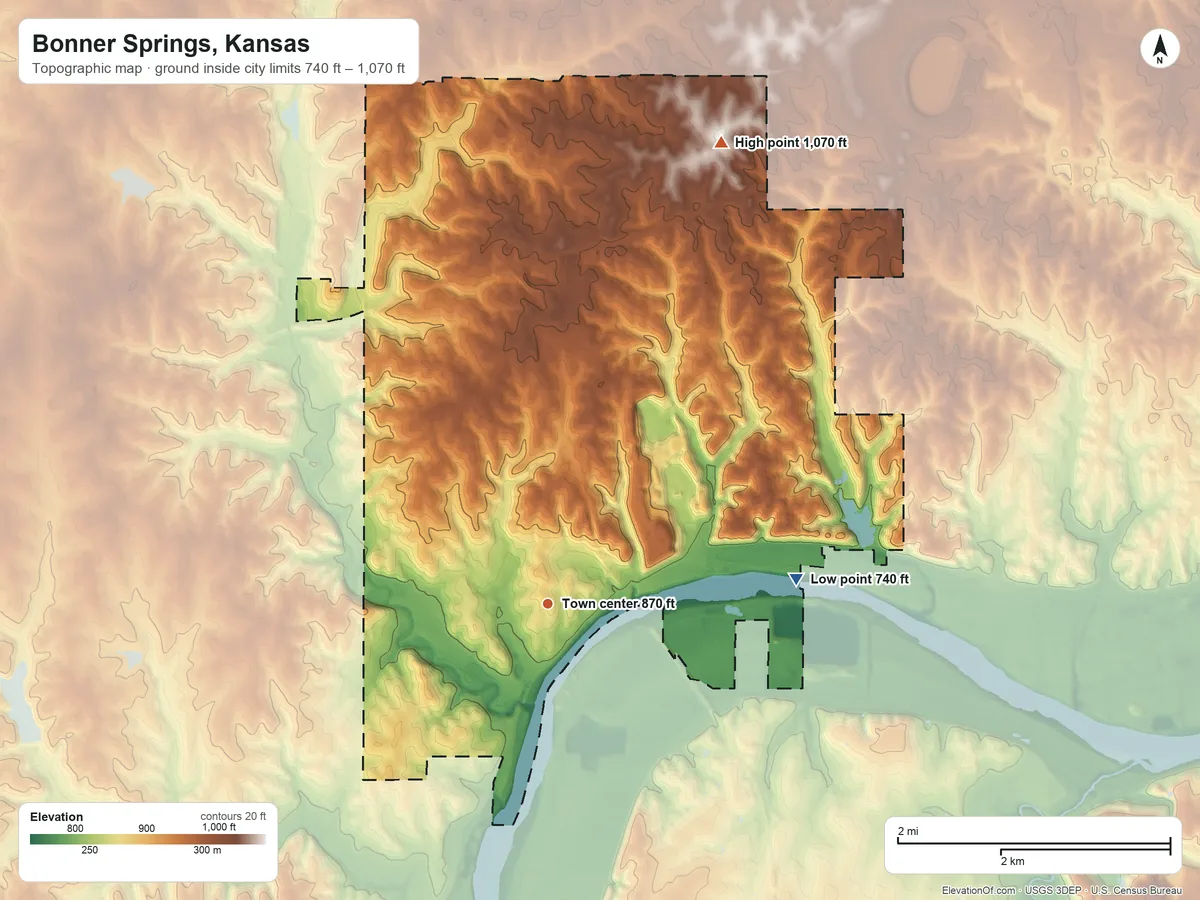 Topographic elevation map of Bonner Springs, Kansas, shaded from 740 ft on the east side to 1,070 ft on the north side