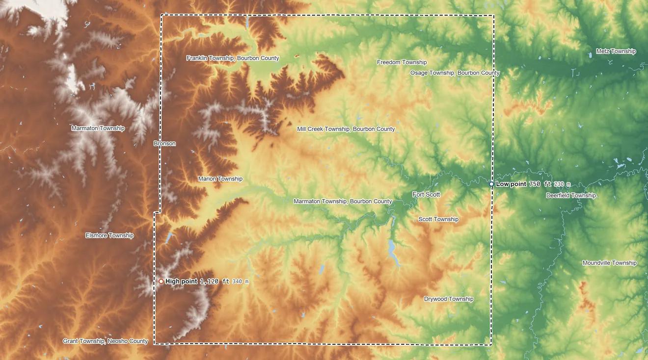 Topographic elevation map of Bourbon County, Kansas, shaded from 750 ft on the east side to 1,120 ft on the southwest side
