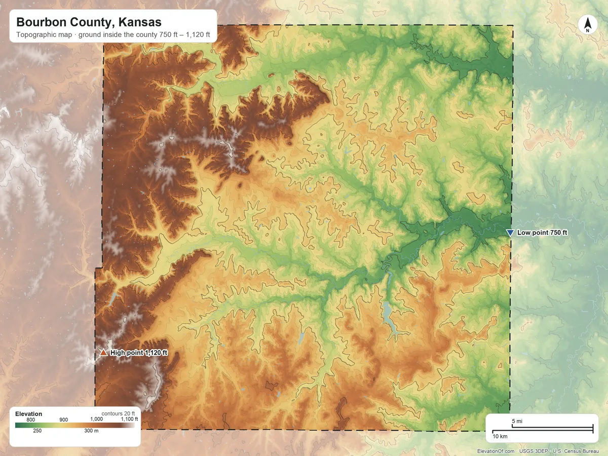 Topographic elevation map of Bourbon County, Kansas, shaded from 750 ft on the east side to 1,120 ft on the southwest side