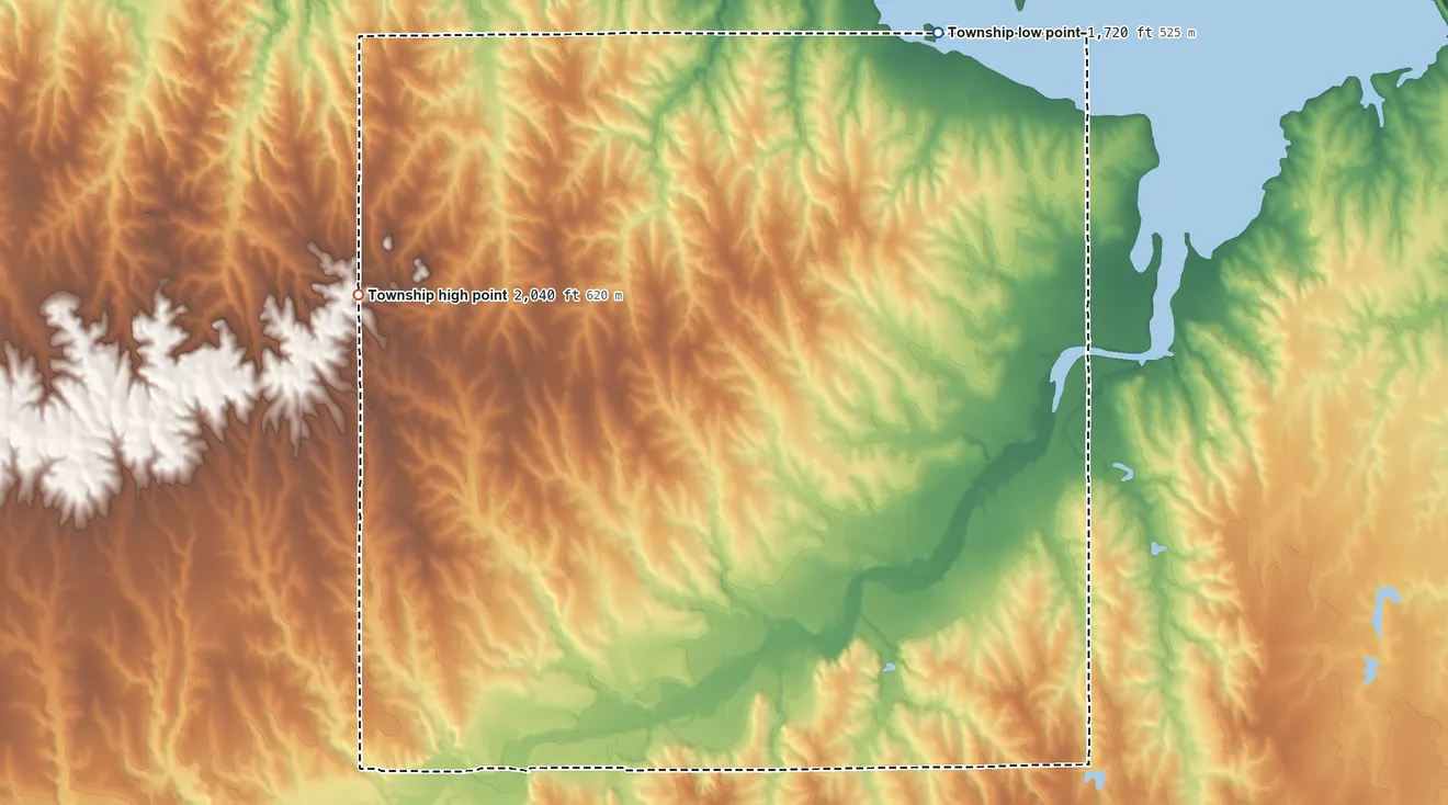 Topographic elevation map of Bow Creek Township, Kansas, shaded from 1,720 ft on the north side to 2,040 ft on the west side