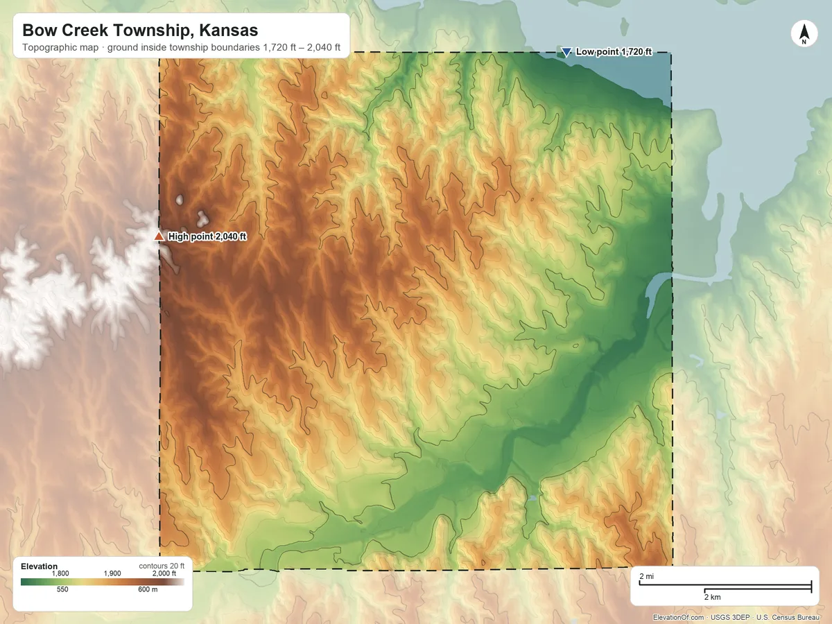 Topographic elevation map of Bow Creek Township, Kansas, shaded from 1,720 ft on the north side to 2,040 ft on the west side