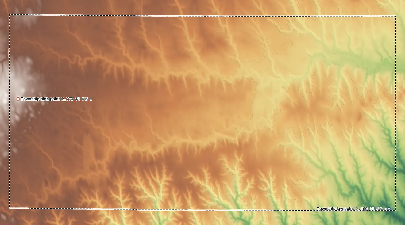 Topographic elevation map of Bowcreek Township, Kansas, shaded from 2,460 ft on the southeast side to 2,770 ft on the west side