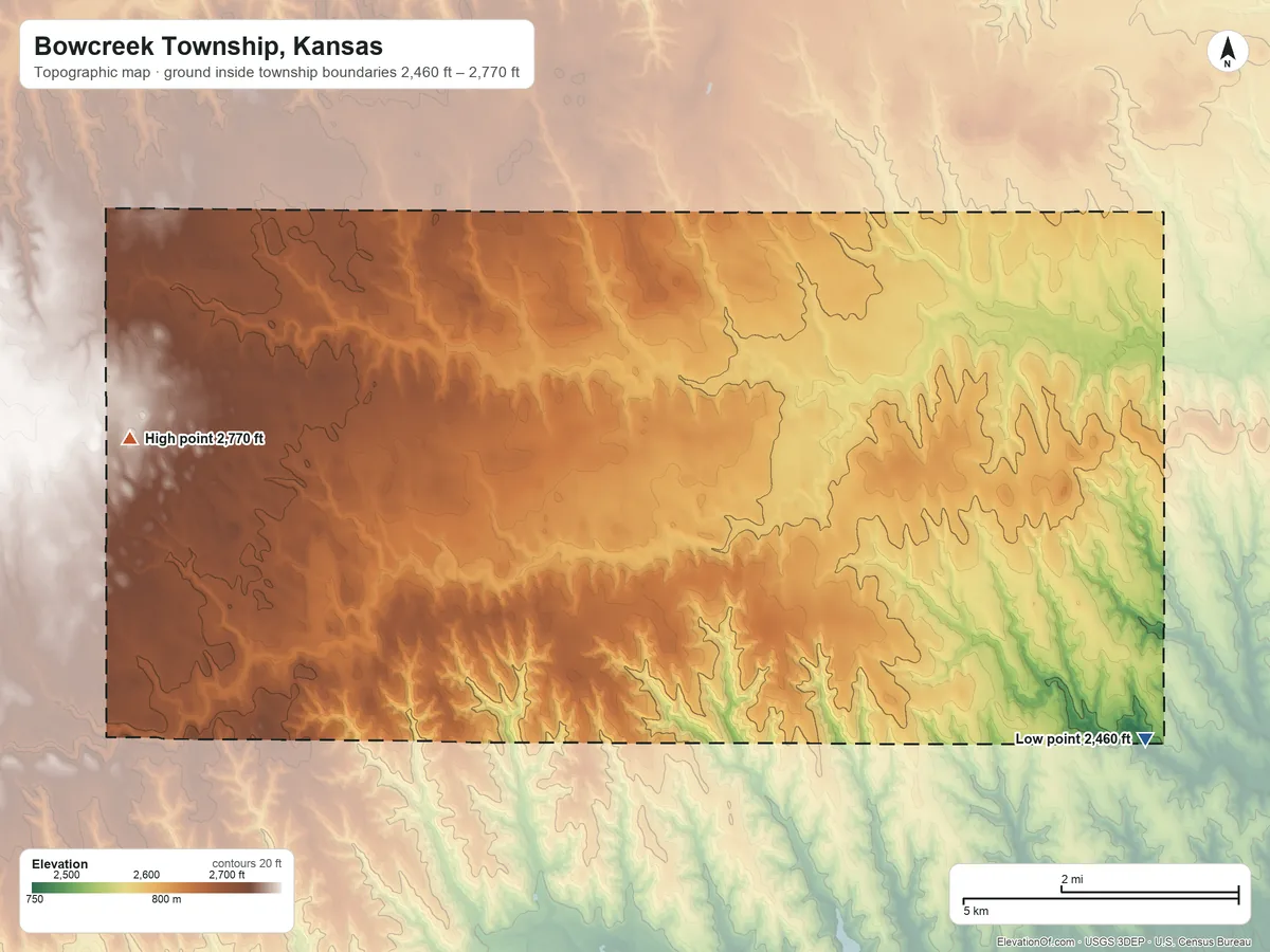 Topographic elevation map of Bowcreek Township, Kansas, shaded from 2,460 ft on the southeast side to 2,770 ft on the west side