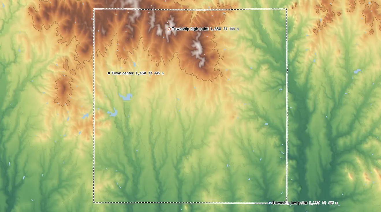 Topographic elevation map of Brantford Township, Kansas, shaded from 1,330 ft on the southeast side to 1,650 ft on the northeast side