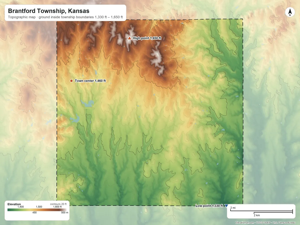 Topographic elevation map of Brantford Township, Kansas, shaded from 1,330 ft on the southeast side to 1,650 ft on the northeast side