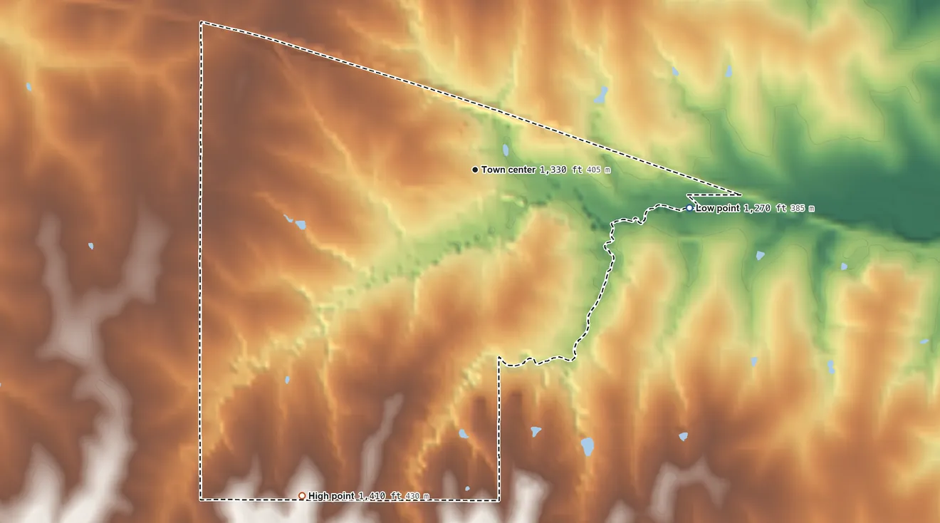 Topographic elevation map of Bremen, Kansas, shaded from 1,270 ft on the east side to 1,410 ft on the southwest side