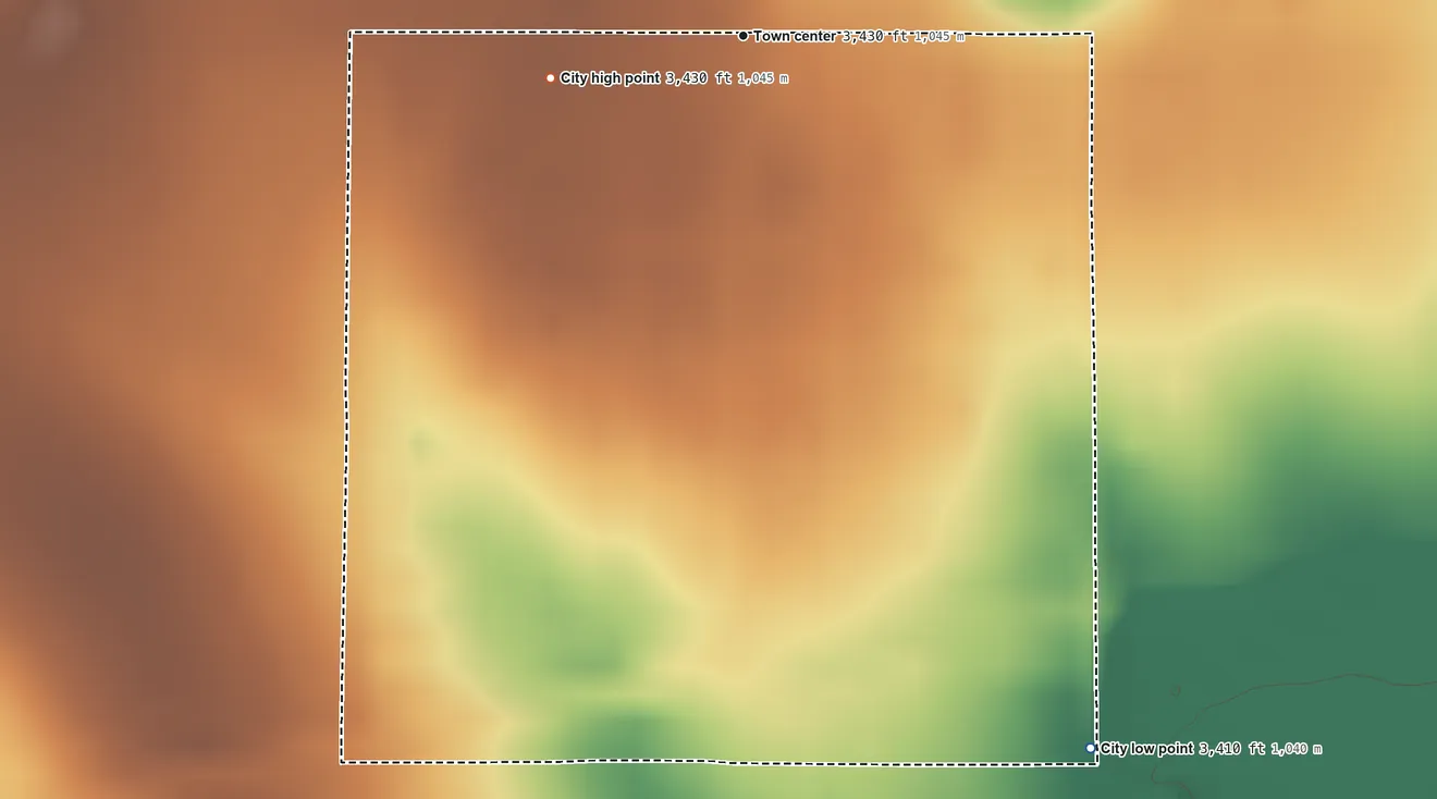 Topographic elevation map of Brewster, Kansas, shaded from 3,410 ft on the southeast side to 3,430 ft on the west side