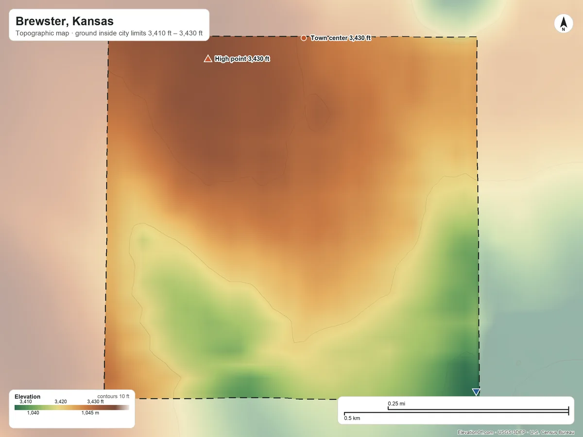 Topographic elevation map of Brewster, Kansas, shaded from 3,410 ft on the southeast side to 3,430 ft on the west side