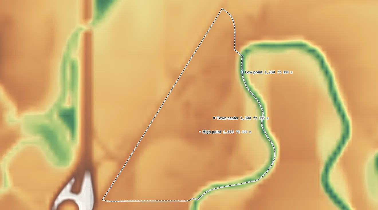 Topographic elevation map of Bridgeport, Kansas, shaded from 1,280 ft on the northeast side to 1,310 ft near the middle