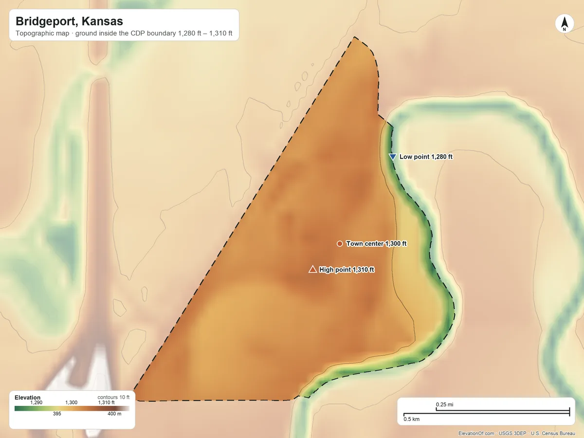 Topographic elevation map of Bridgeport, Kansas, shaded from 1,280 ft on the northeast side to 1,310 ft near the middle