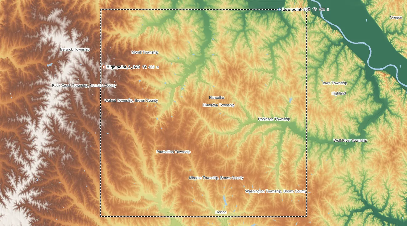 Topographic elevation map of Brown County, Kansas, shaded from 850 ft on the northeast side to 1,340 ft on the northwest side