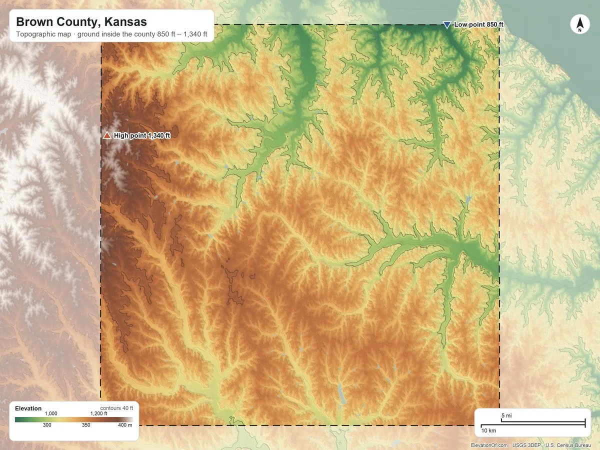 Topographic elevation map of Brown County, Kansas, shaded from 850 ft on the northeast side to 1,340 ft on the northwest side