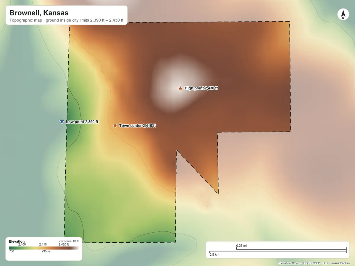 Topographic elevation map of Brownell, Kansas, shaded from 2,390 ft on the west side to 2,430 ft on the northeast side