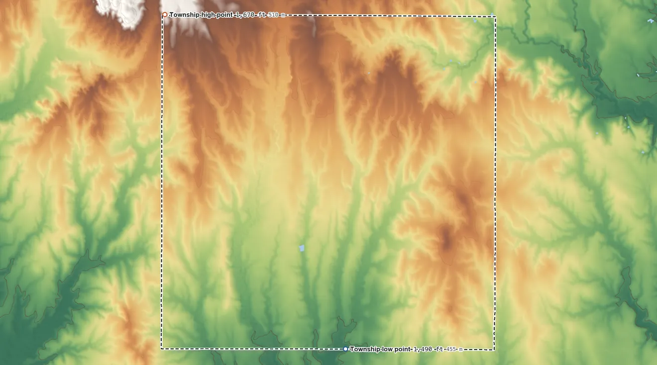 Topographic elevation map of Browns Creek Township, Kansas, shaded from 1,490 ft on the south side to 1,670 ft on the northwest side