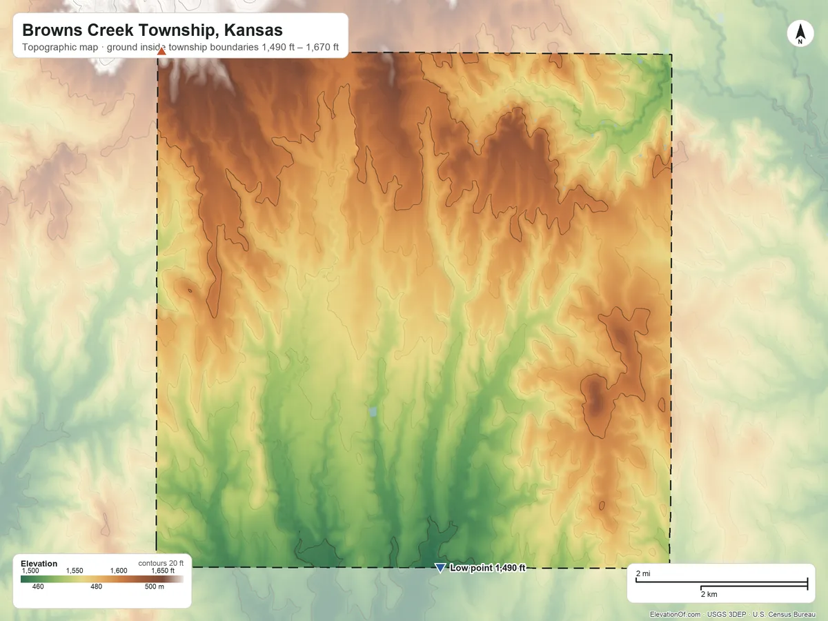 Topographic elevation map of Browns Creek Township, Kansas, shaded from 1,490 ft on the south side to 1,670 ft on the northwest side