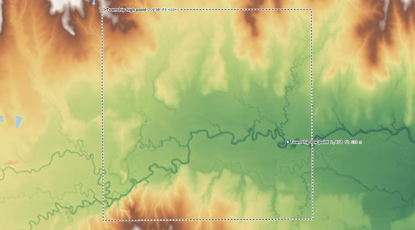 Topographic elevation map of Browns Grove Township, Kansas, shaded from 2,070 ft on the east side to 2,230 ft on the northwest side