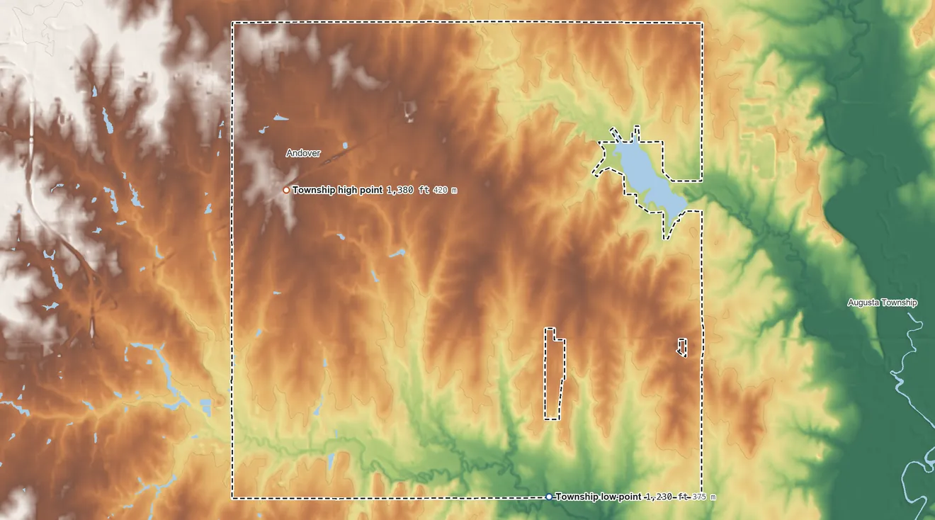 Topographic elevation map of Bruno Township, Kansas, shaded from 1,230 ft on the southeast side to 1,380 ft on the northwest side