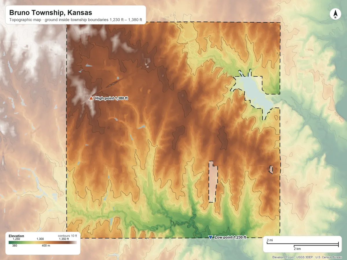 Topographic elevation map of Bruno Township, Kansas, shaded from 1,230 ft on the southeast side to 1,380 ft on the northwest side