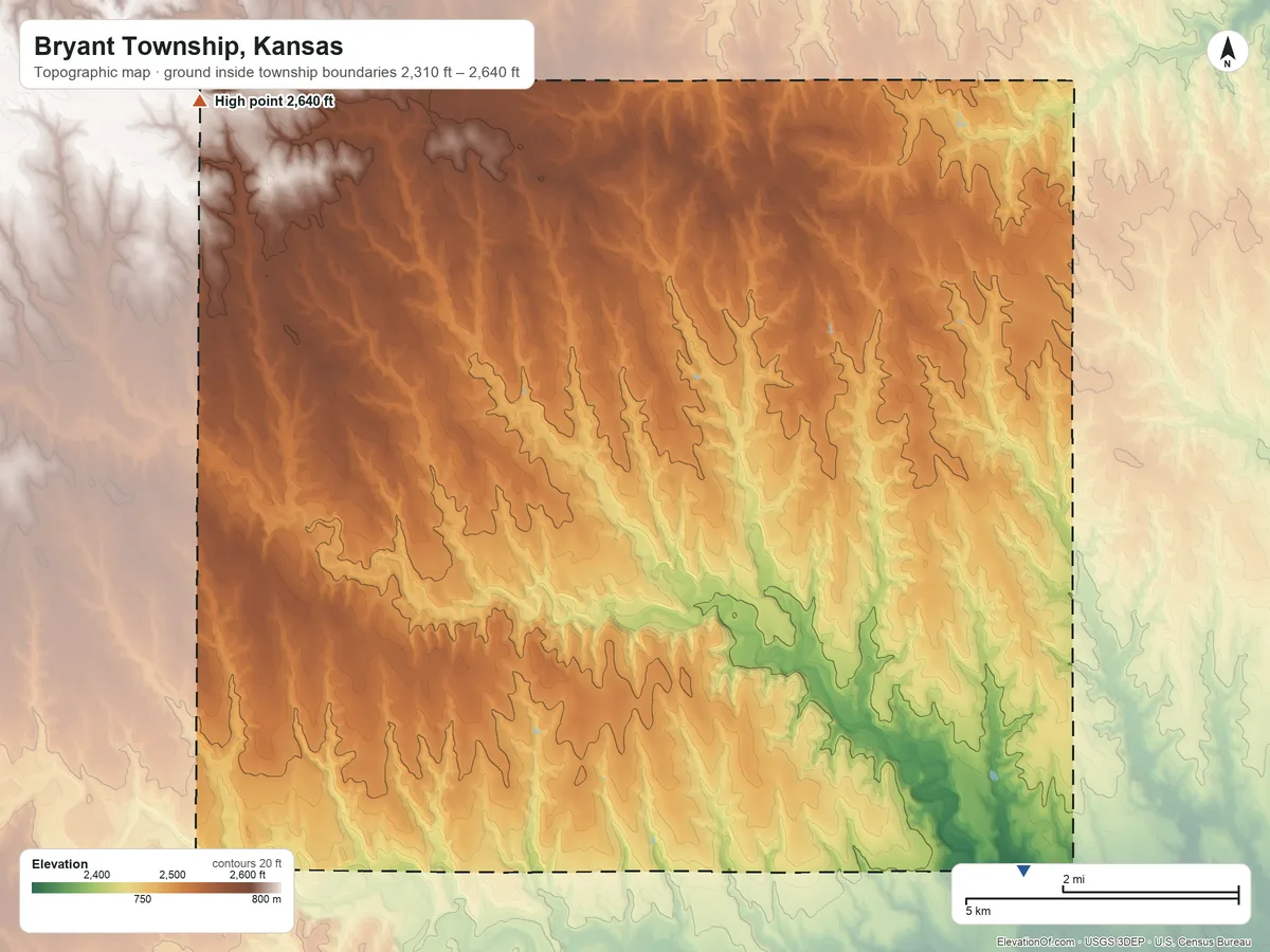 Topographic elevation map of Bryant Township, Kansas, shaded from 2,310 ft on the southeast side to 2,640 ft on the northwest side