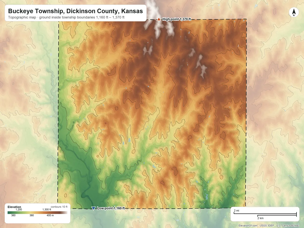 Topographic elevation map of Buckeye Township, Dickinson County, Kansas, shaded from 1,160 ft on the southwest side to 1,370 ft on the north side