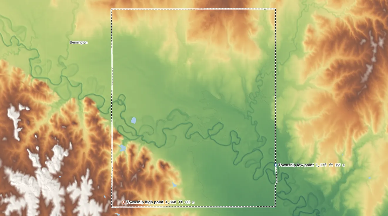 Topographic elevation map of Buckeye Township, Ottawa County, Kansas, shaded from 1,170 ft on the southeast side to 1,360 ft on the southwest side