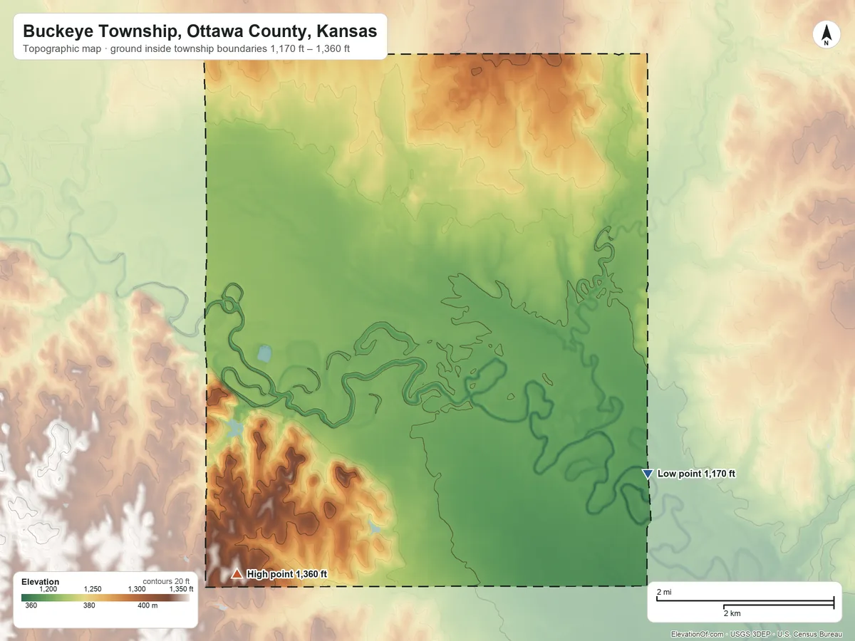 Topographic elevation map of Buckeye Township, Ottawa County, Kansas, shaded from 1,170 ft on the southeast side to 1,360 ft on the southwest side