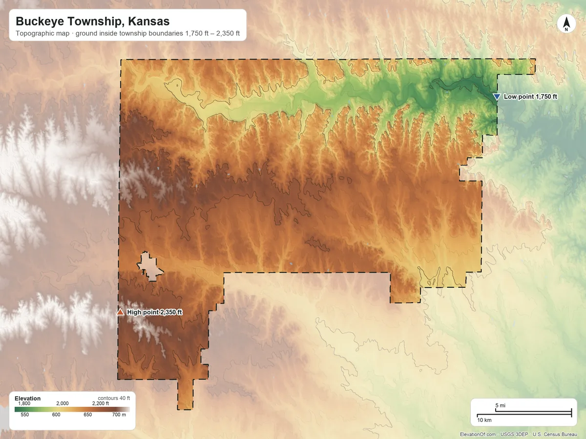 Topographic elevation map of Buckeye Township, Kansas, shaded from 1,750 ft on the northeast side to 2,350 ft on the southwest side